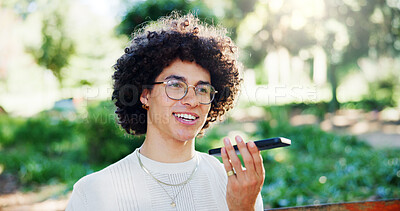 Buy stock photo Voice, phone call and man in park with smile, communication and morning on college campus. Speaker, smartphone and university student on garden bench with conversation, contact and relax with mobile