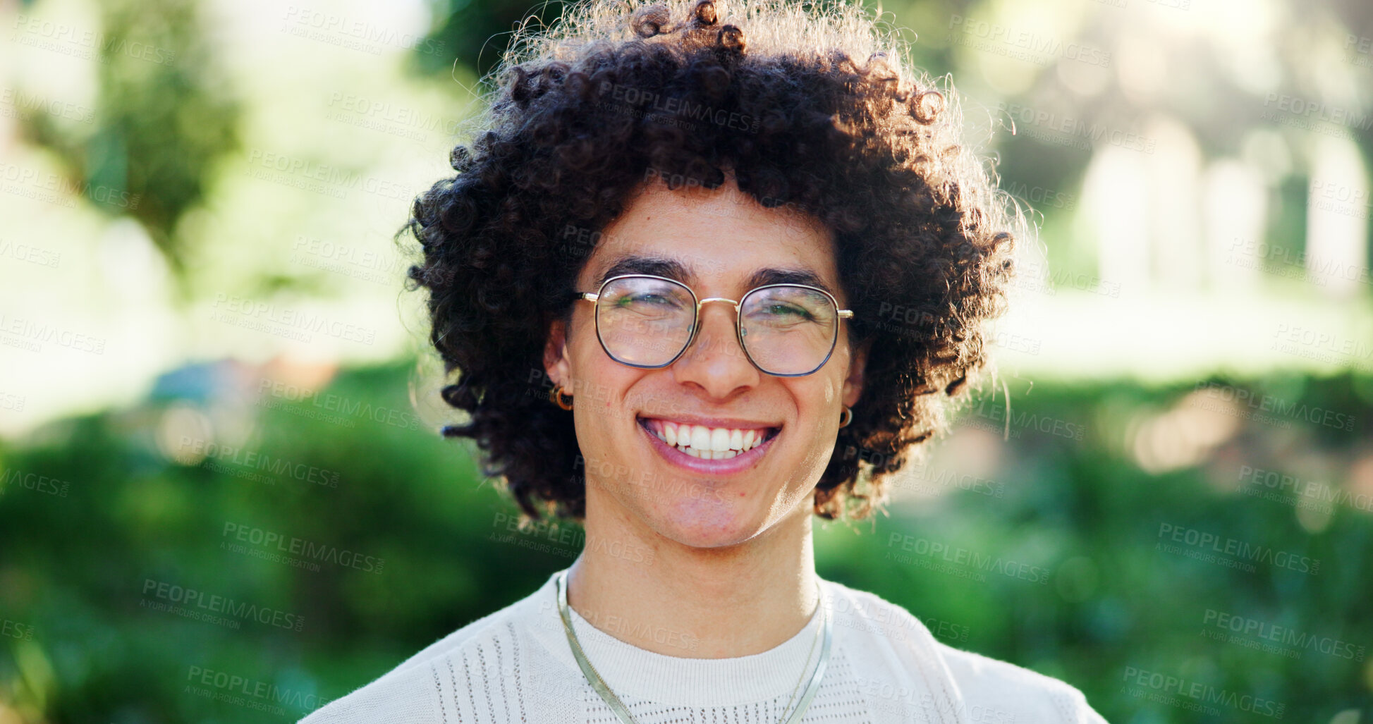 Buy stock photo Happy, glasses and portrait of man outdoor with positive attitude for university admission. Smile, confident and male student from Portugal with pride for college education on campus park or garden.