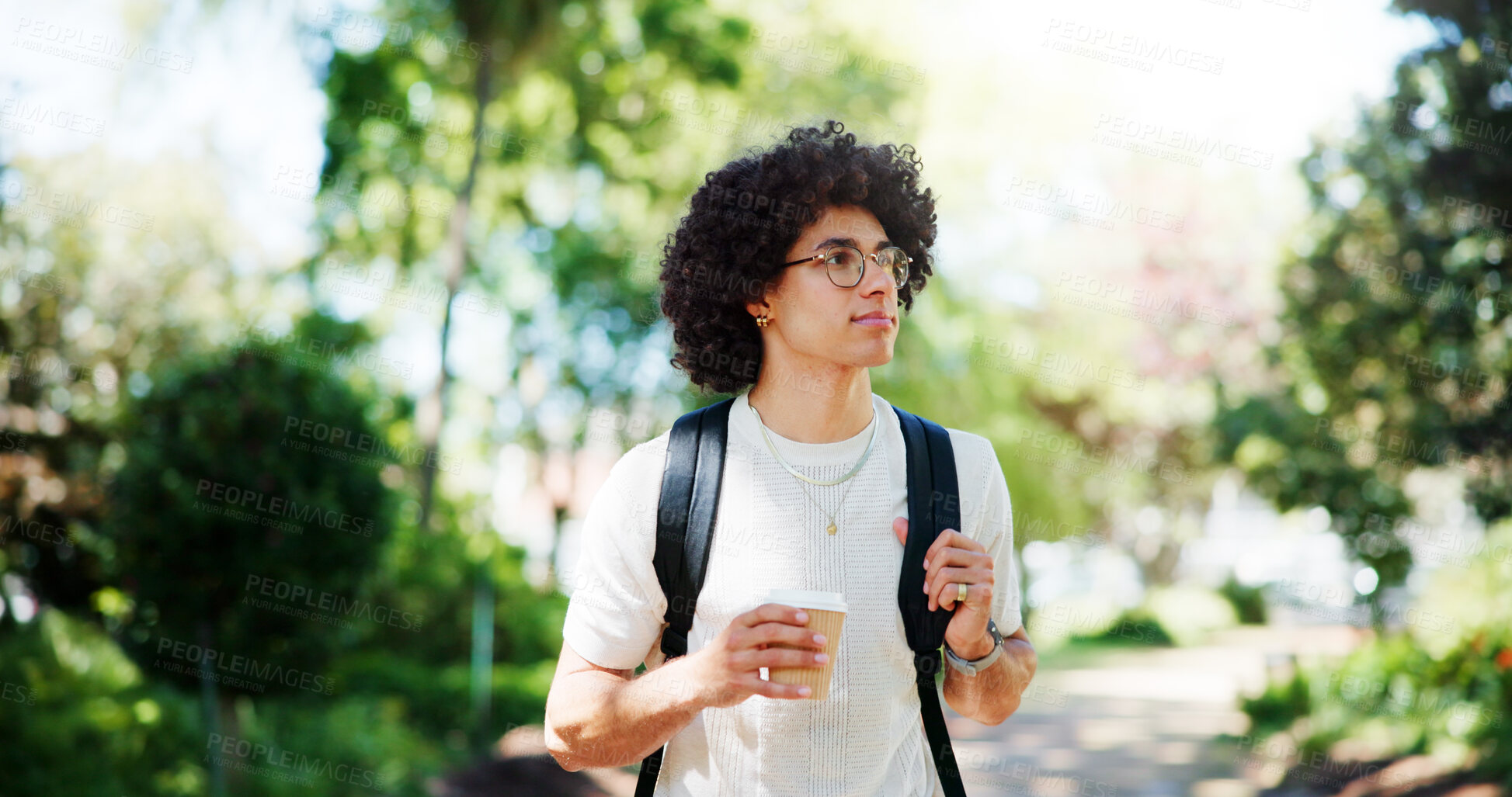 Buy stock photo Nature, walking and man on campus with coffee, backpack and glasses on morning commute to college. Growth, development and university student in green garden park with drink, thinking and inspiration