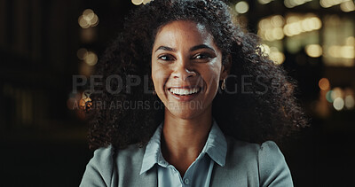 Buy stock photo Business woman, portrait and smile for confidence, positive attitude and career pride as professional. Consultant, face and happy at night for job ambition, growth and company development in Colombia