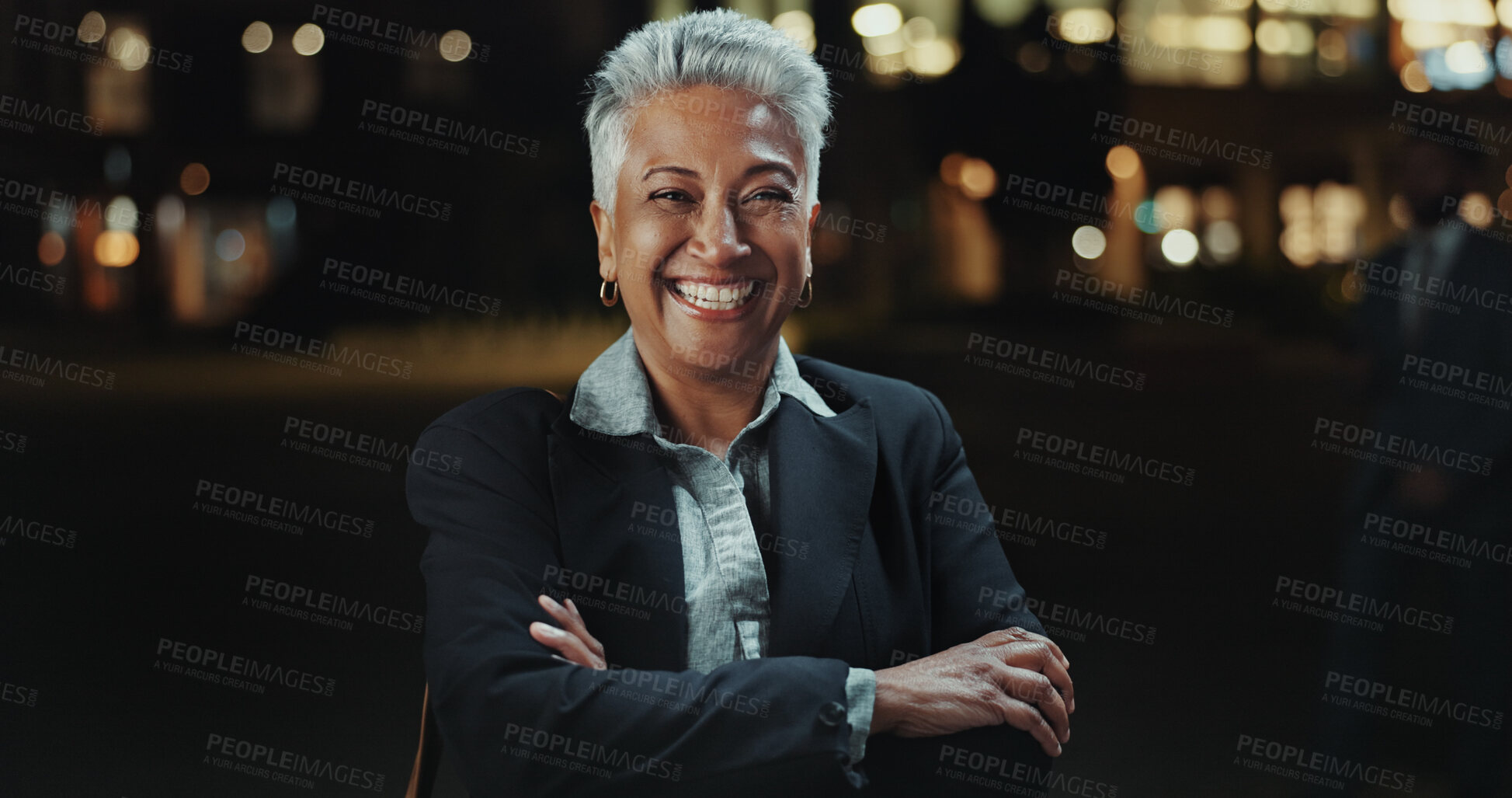 Buy stock photo Business woman, arms crossed and night in city, portrait and confidence on urban sidewalk for overtime. Mature person, employee and happy in road, career and job at insurance agency in Costa Rica