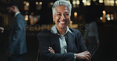 Buy stock photo Mature, businesswoman and laughing in portrait with arms crossed for career pride and corporate joke at night. Professional, CEO and happy in city for company development and funny in Costa Rica