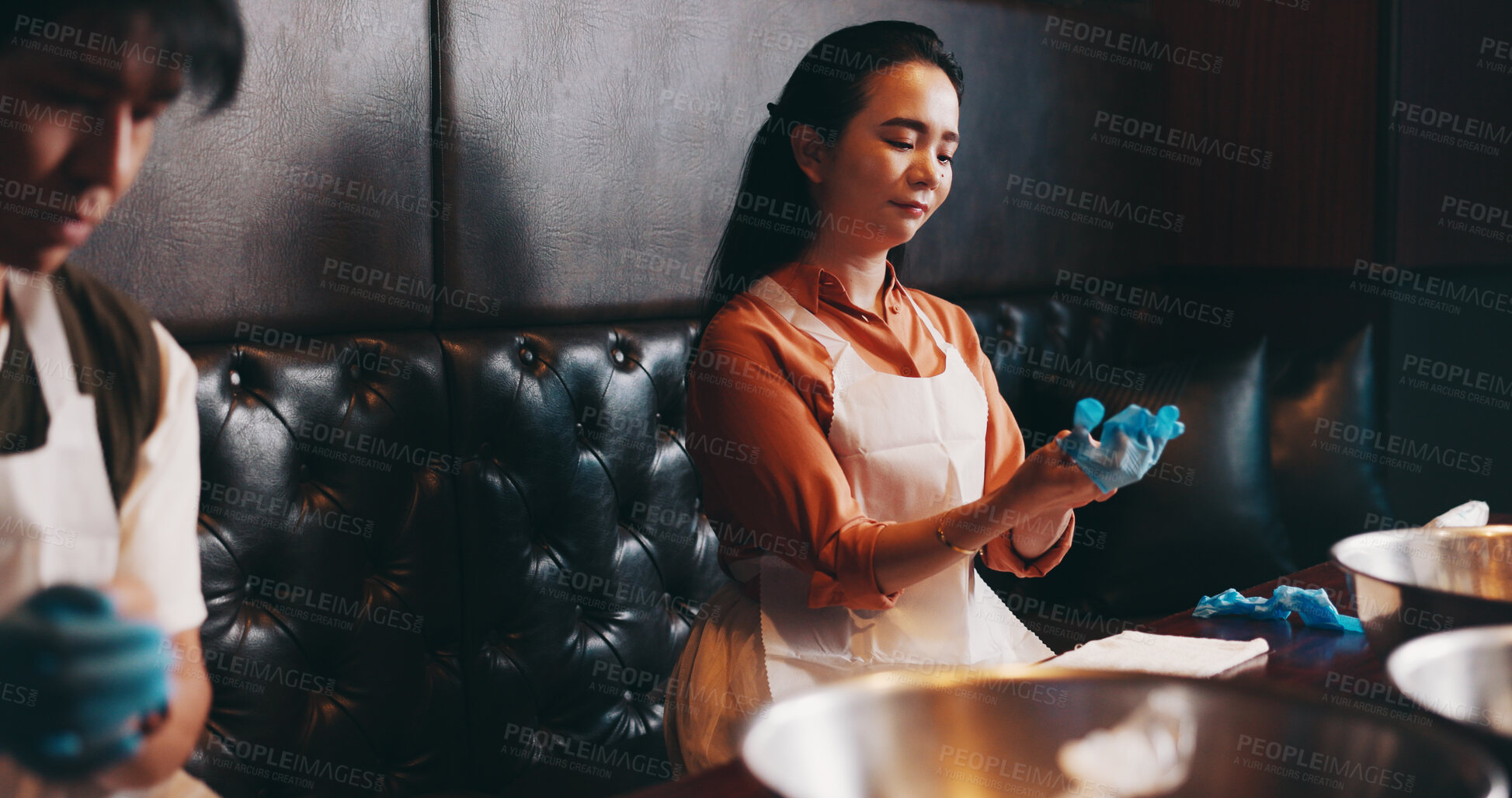 Buy stock photo Cooking, man and woman in class at cafe with romantic date, bonding together and Asian food. Couple, learning and making noodles at restaurant with fun, love and culinary course in Japanese culture