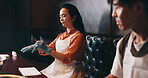 Cooking, gloves and start with Japanese woman in restaurant for fine dining course, dinner and learning recipe. Ingredients, culture and food with asian people in class for diet, menu and meal prep