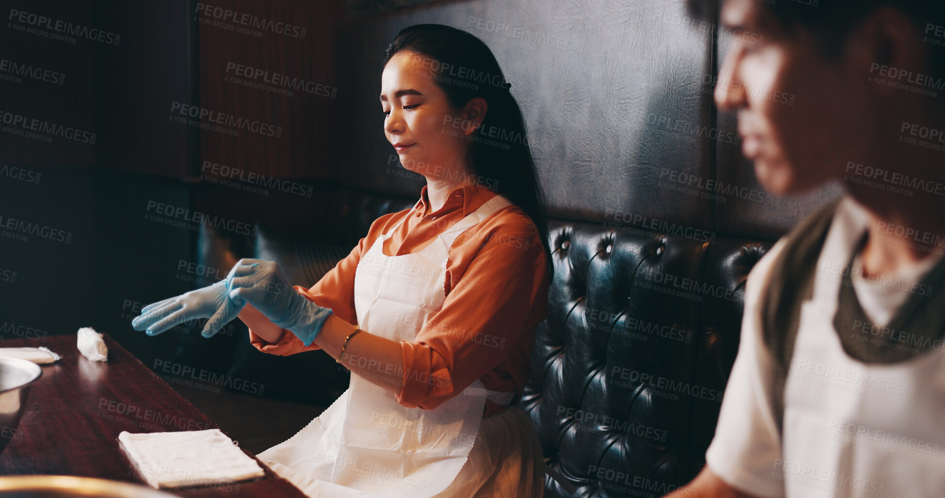 Buy stock photo Cooking, gloves and start with Japanese woman in restaurant for fine dining course, dinner and learning recipe. Ingredients, culture and food with asian people in class for diet, menu and meal prep