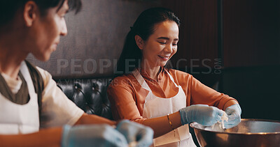 Buy stock photo Cooking, man and woman in class learning for romantic date, bonding together and Asian food in cafe. Couple, recipe and making noodles at restaurant with smile, culinary course and Japanese culture