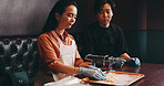 Japanese people, dough and noodle cutter for meal prep, cooking class and chef in cafe for lunch. Woman, man and culinary skills as customer in hospitality, diet and healthy food for traditional dish