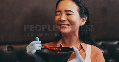 Buy stock photo Food, eating and happy Asian woman in restaurant to taste dinner, supper and lunch in cafe. Culinary, customer and Japanese person with spoon for noodles, gourmet dish and traditional ramen cuisine