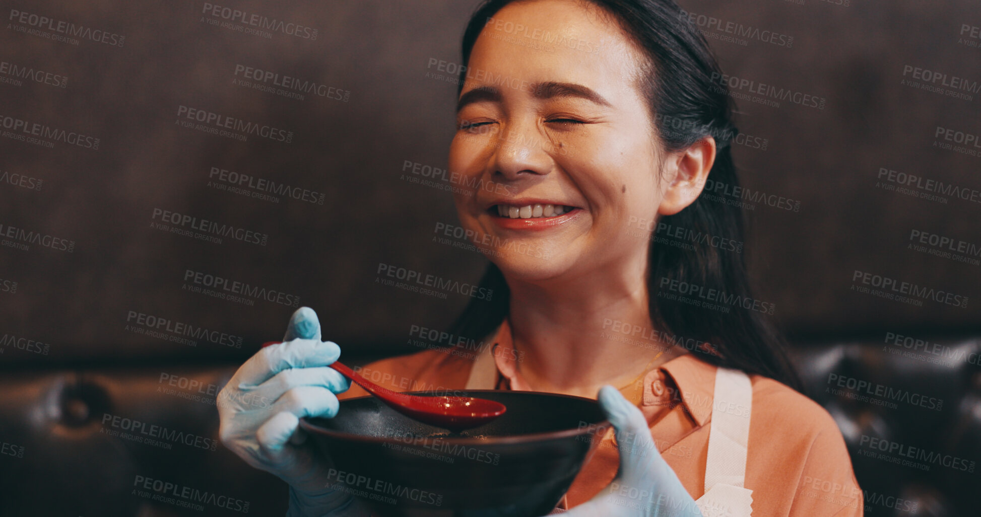 Buy stock photo Food, eating and happy Asian woman in restaurant to taste dinner, supper and lunch in cafe. Culinary, customer and Japanese person with spoon for noodles, gourmet dish and traditional ramen cuisine