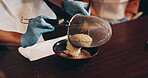 Hands, bowl and meal prep for ramen noodles, cooking class and chef in Japanese restaurant for lunch. Woman, man and serving dish as customer for hospitality, diet and healthy food for culinary skill