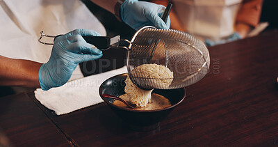 Buy stock photo Hands, bowl and meal prep for ramen noodles, cooking class and chef in Japanese restaurant for lunch. Woman, man and serving dish as customer for hospitality, diet and healthy food for culinary skill