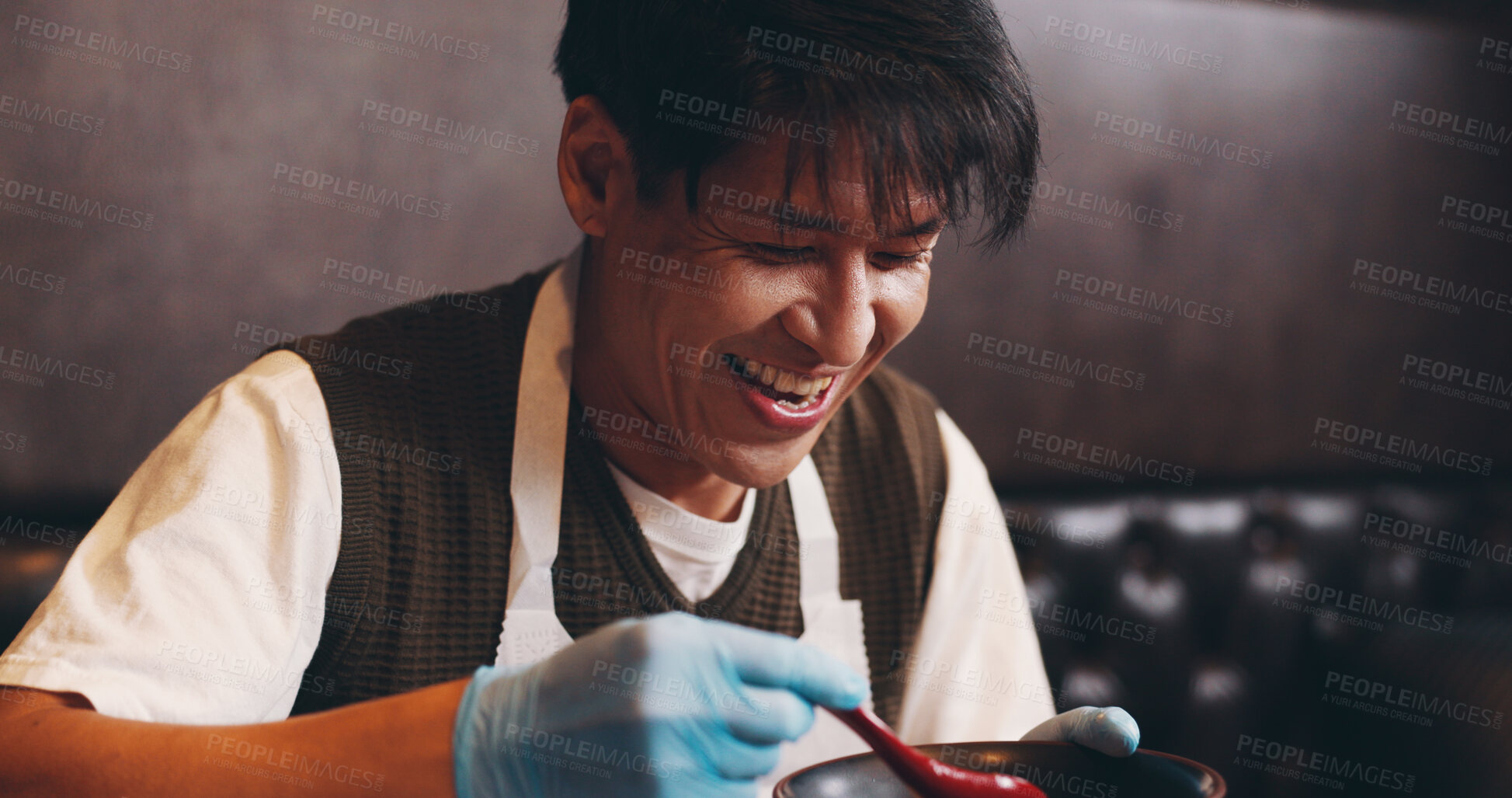 Buy stock photo Japanese, man and smile for food in restaurant, lunch and prepare dish with happiness for dinner. Proud, customer or satisfied with soy sauce for noodles, ramen or tsuyu for culinary culture of Japan