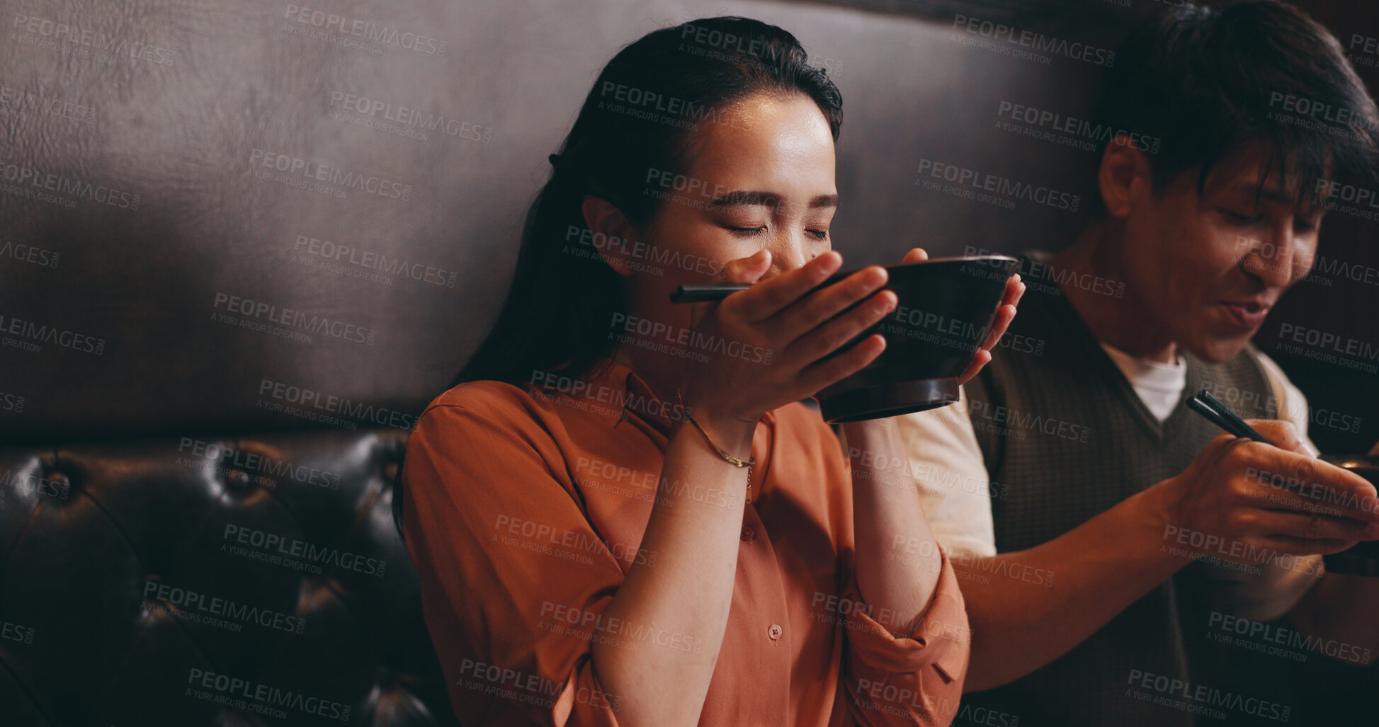 Buy stock photo Date, eating and ramen with Japanese couple in restaurant for food, traditional meal and fine dining. Nutrition, diet and hungry with asian man and woman with bowl for love, customer and noodles