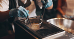 Japanese restaurant, cooking and hands boiling noodles in kitchen for traditional cuisine, culinary culture and meal prep. Chef, gloves and steaming ramen in strainer for nutrition and healthy dinner