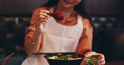 Buy stock photo Ramen, cooking and food with hands of Japanese person in kitchen for Asian cuisine, menu and recipe. Gourmet, dinner and culture with closeup of traditional dish in restaurant for nutrition and diet