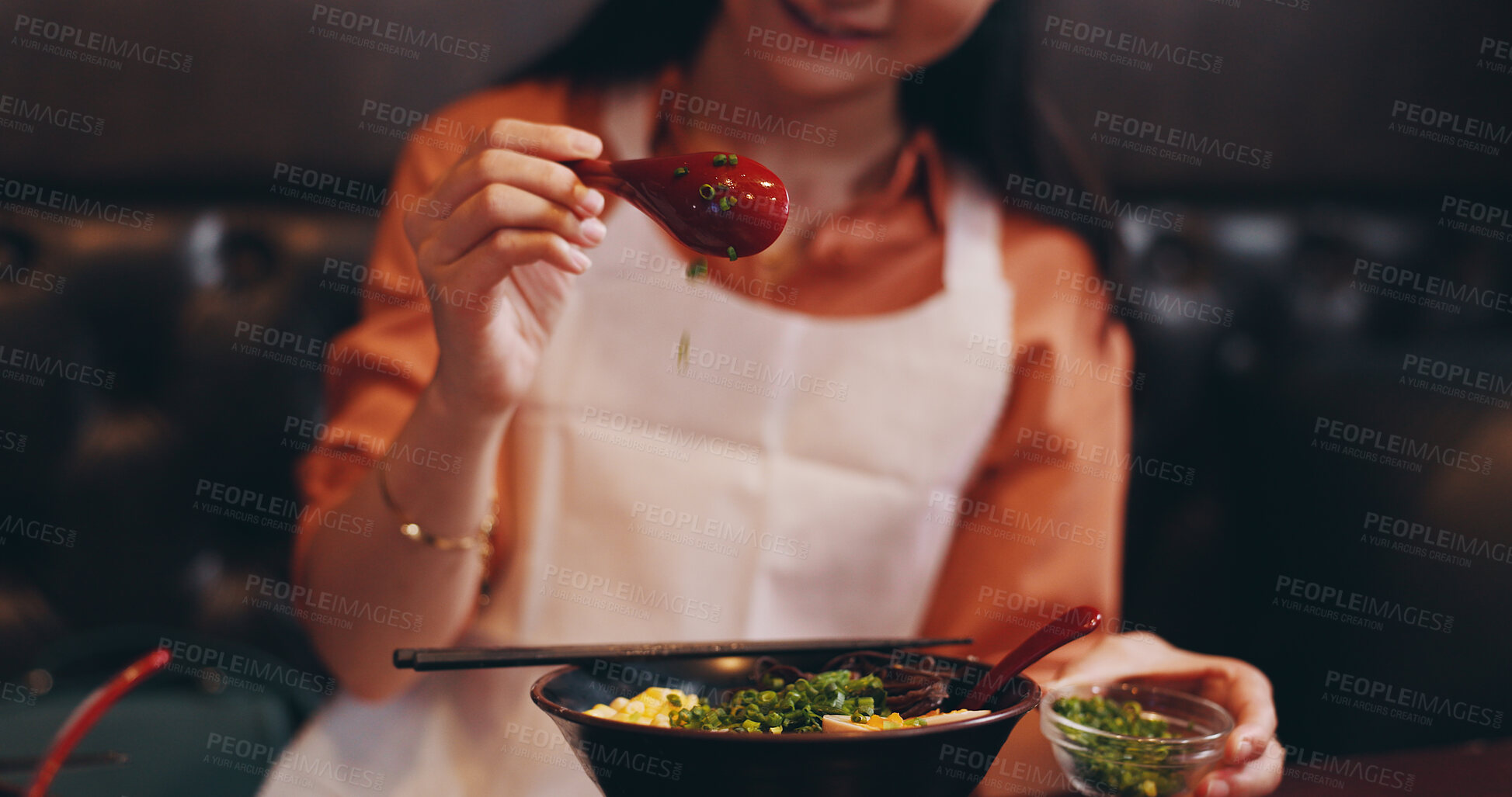 Buy stock photo Ramen, cooking and food with hands of Japanese person in kitchen for Asian cuisine, menu and recipe. Gourmet, dinner and culture with closeup of traditional dish in restaurant for nutrition and diet