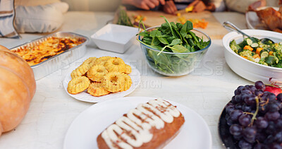 Buy stock photo Dinner, nutrition and food with celebration for thanksgiving, meal and holiday for gratitude at home. Closeup, people and dish for supper with fruits, vegetables or dessert for festive feast in house