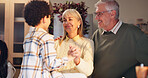 Dancing, happy and grandparents with child in home for holiday, vacation and festive season. Thanksgiving, Christmas and house with grandpa, grandma and kids for celebration, bonding and tradition