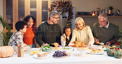 Buy stock photo Happy family, serving chicken and thanksgiving with children, event and food for holiday or vacation. Feast, people and interracial parents at dinner party, reunion and gathering for bonding in home