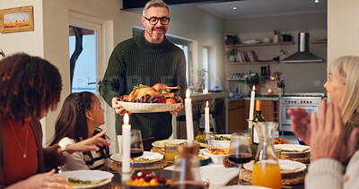 Buy stock photo Happy family, serving chicken and thanksgiving dinner with children, holiday and food in home. Feast, people and festive celebration at party, reunion and gathering for bonding or event on vacation