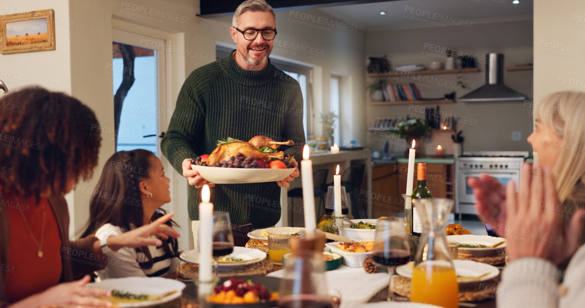 Buy stock photo Happy family, serving chicken and thanksgiving dinner with children, holiday and food in home. Feast, people and festive celebration at party, reunion and gathering for bonding or event on vacation