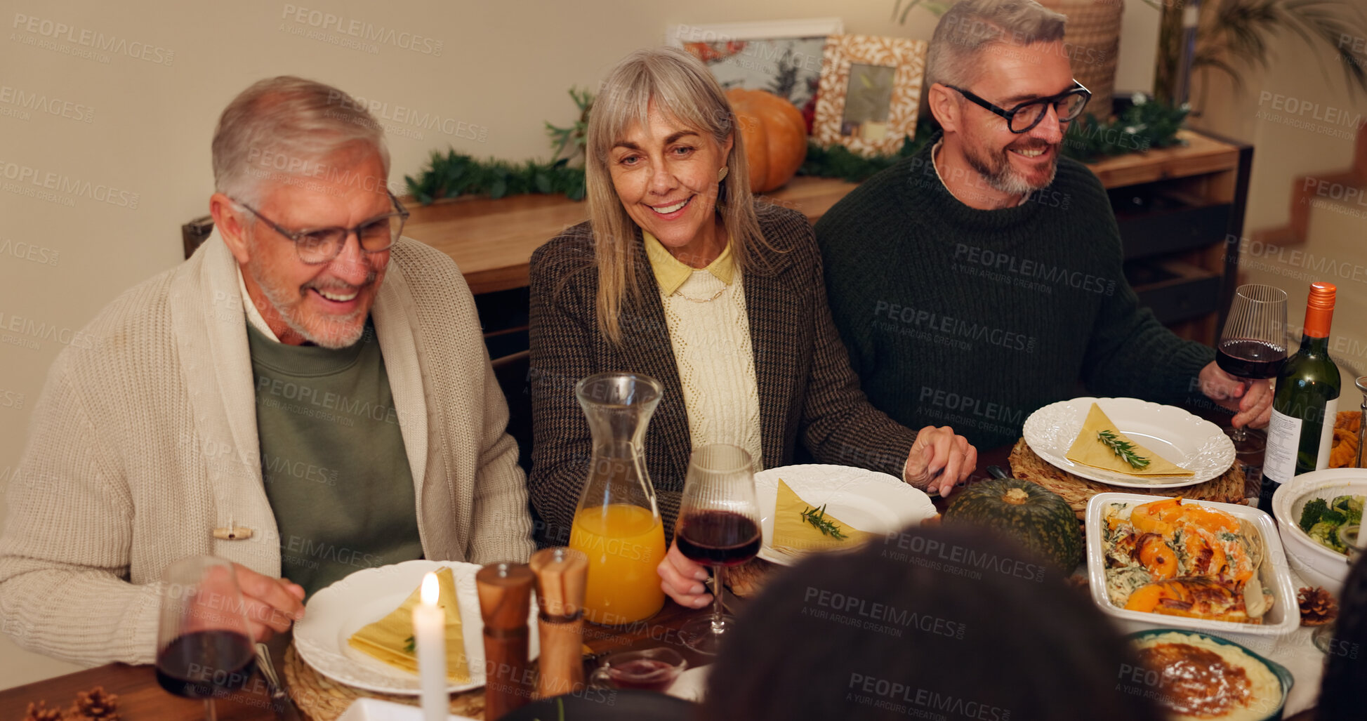 Buy stock photo Big family, dining table and thanksgiving dinner with grandparents, holiday and food in home. Feast, people and festive celebration for party, reunion and gathering with bonding or event on vacation