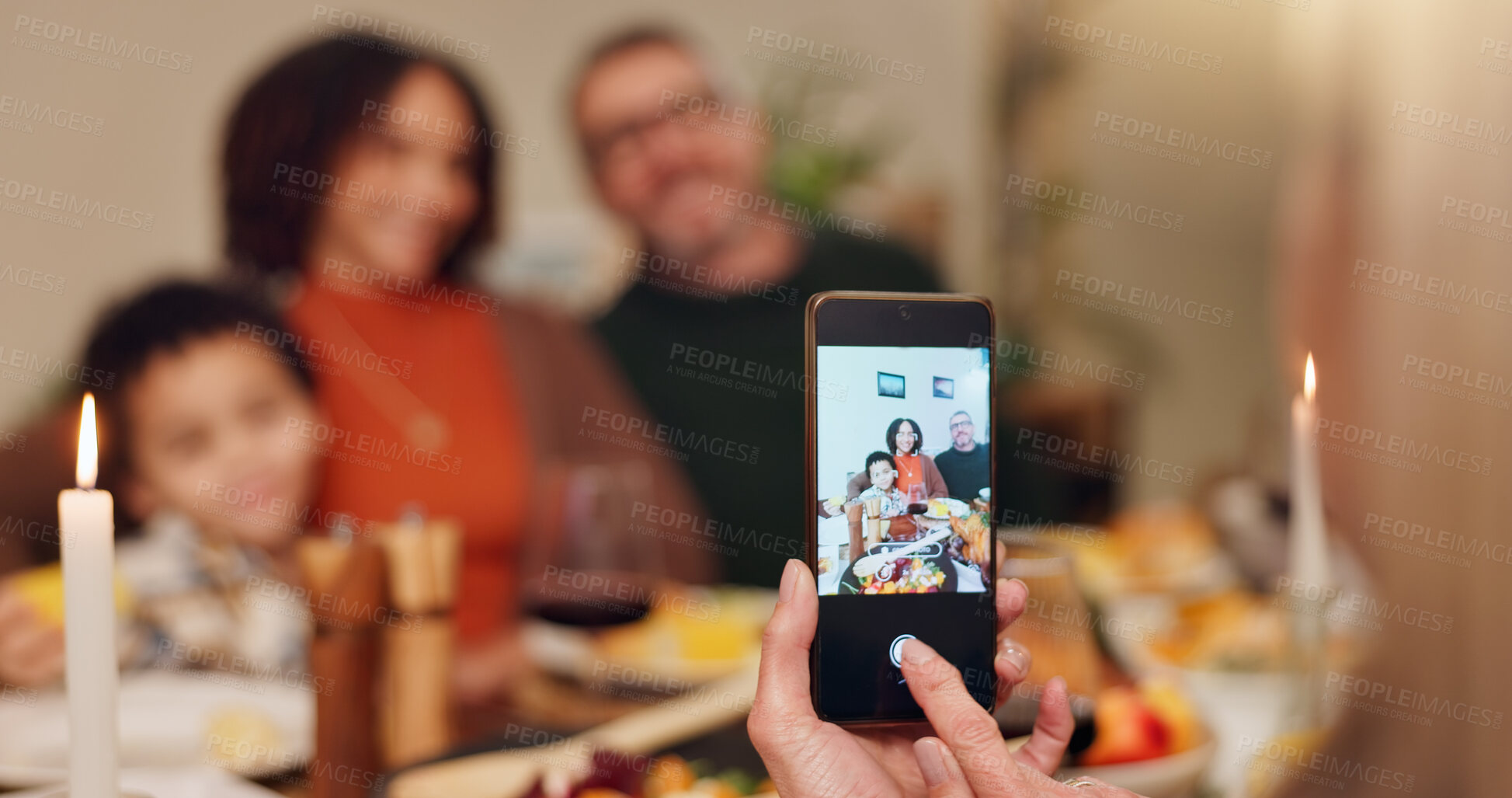 Buy stock photo Thanksgiving, food and photo of family in home for lunch, supper and Christmas dinner together. Happy, picture and mother, father and kids with memory for festive event, holiday and celebration