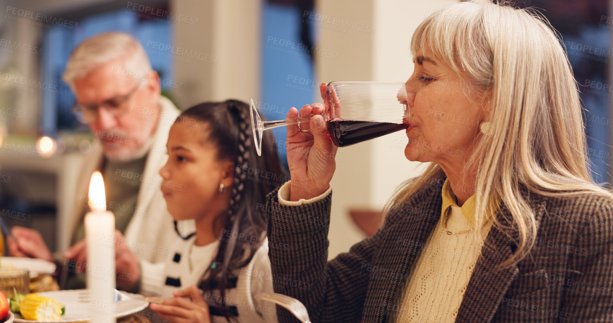 Buy stock photo Grandparents, celebration and thanksgiving dinner with wine, festive holiday and food for vacation. Drink, people and big family with kids at party, table and nutrition for gathering, event and home