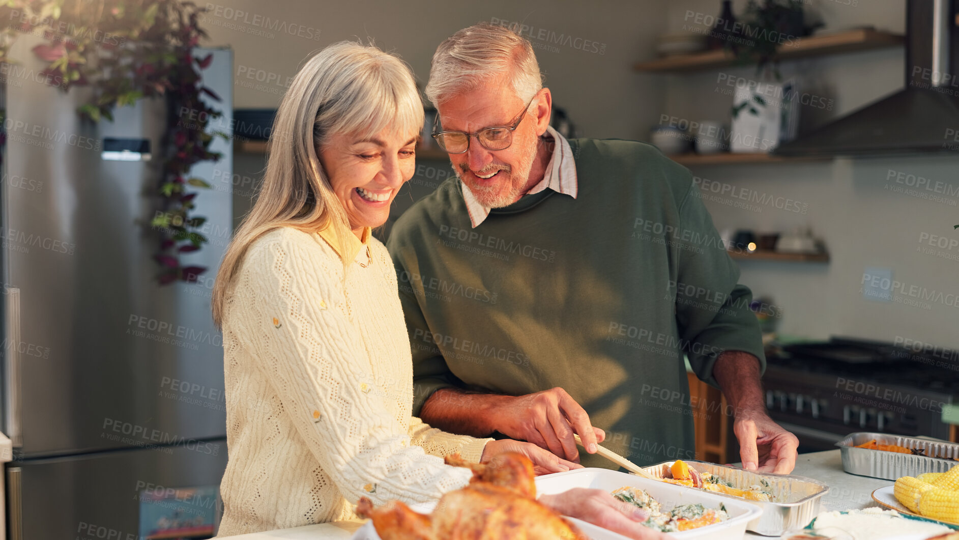 Buy stock photo Happy, senior couple or cooking for thanksgiving, food or festive holiday in home for love. Retirement, salad or elderly people with smile, care or lunch for dinner party, meal prep or feast together