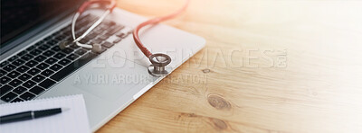 Buy stock photo Laptop, stethoscope and paper for healthcare, telehealth and medical research with brainstorming. Technology, equipment and banner for health report, virtual diagnosis and mockup space in hospital