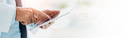 Buy stock photo Hands, doctor and tablet for healthcare research, scroll email and schedule on banner in clinic. Closeup, medical worker and digital technology for report, wellness records and person on app online