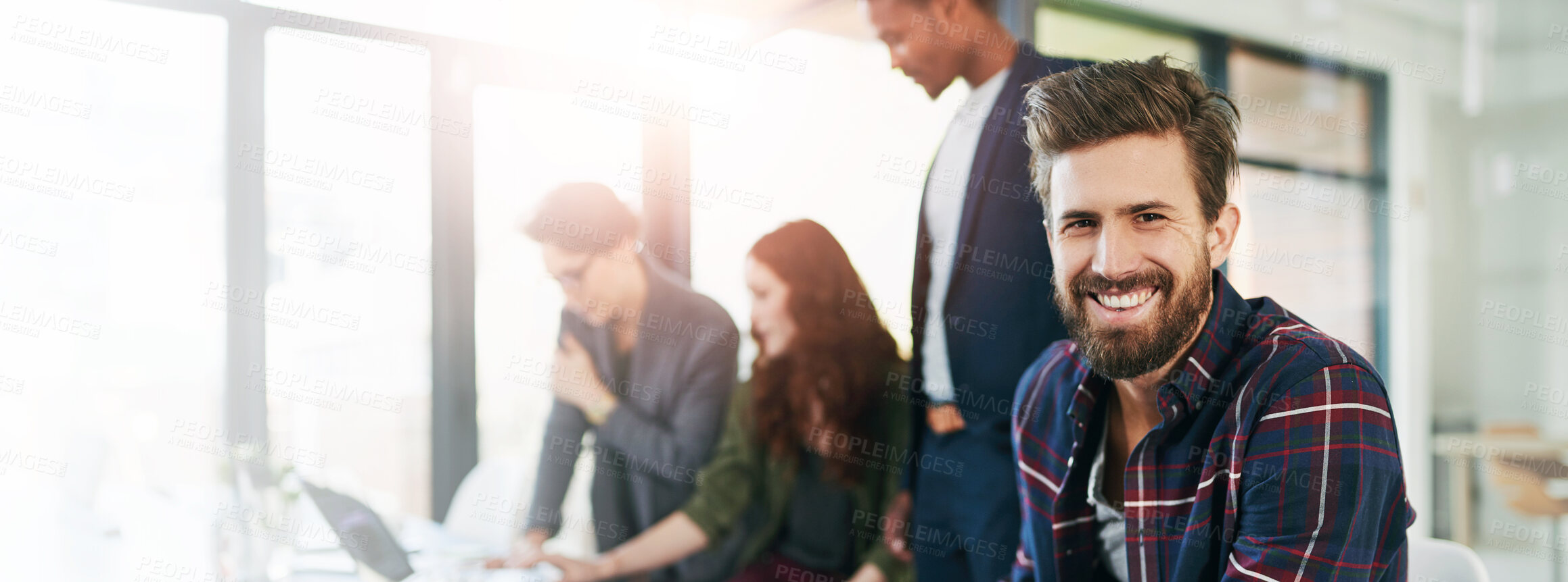 Buy stock photo Happy, creative and man in office, leader and collaboration for project, planning and group in meeting. Teamwork, web designer and brainstorming with colleagues for brand design, smile and company