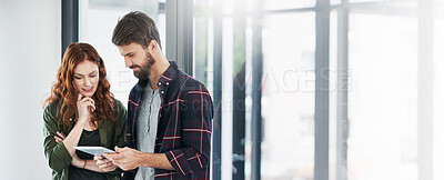 Buy stock photo Business people, tablet and collaboration for research, planning and project management in office. Digital agency, tech and teamwork for feedback, development proposal and thinking with brainstorming