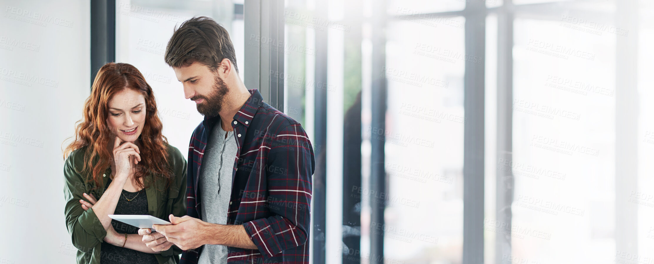 Buy stock photo Business people, tablet and collaboration for research, planning and project management in office. Digital agency, tech and teamwork for feedback, development proposal and thinking with brainstorming