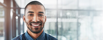 Buy stock photo Happy, portrait and man in office, creative and ambitious for promotion, confident and mockup space. Proud, journalist and smile for opportunity, professional and joy in newsroom, business and Brazil