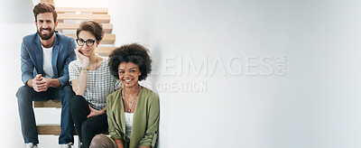 Buy stock photo Designers, portrait and smile at wall space for collaboration, ambition and team in banner. Creative people, happy or stairs in office for business growth, startup partnership or about us with mockup