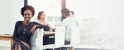 Buy stock photo Office, staff and businesswoman in portrait for meeting, project review and happy manager in company. Boardroom, employees and team leader with confidence for career, ambitious and smile by space