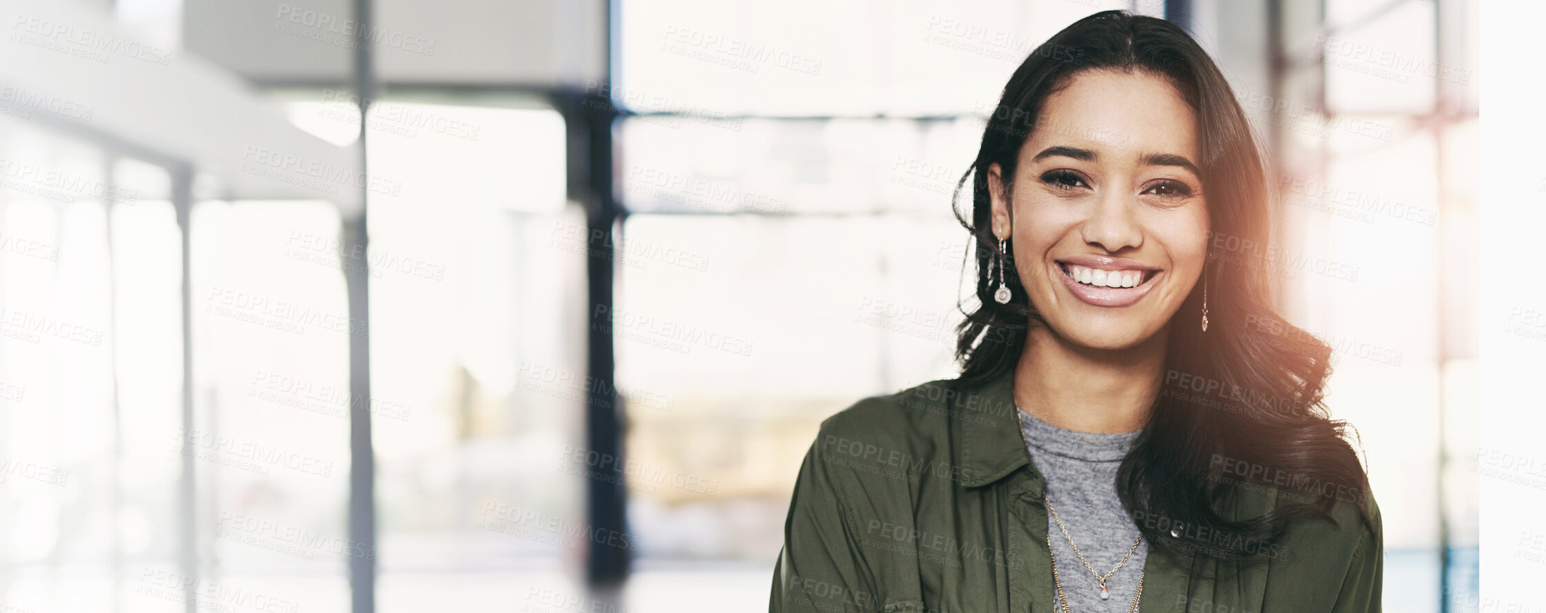 Buy stock photo Happy, business and portrait of woman in office with company pride, confidence and ambition. Mockup space, creative startup and face of person with smile for career, job opportunity and working