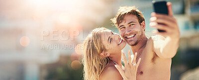 Buy stock photo Happy couple, selfie and beach for engagement, love and tropical holiday with bonding, romance and trip. People, banner and travel for summer vacation, social media or marriage proposal in Maldives