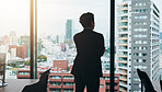 Back, thinking and businessman in office, glass and planning for investment, trader and buildings. Contemplating, opportunity and professional with ideas for finance, broker and person in Japan