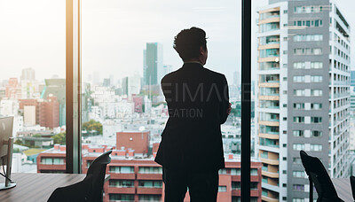 Buy stock photo Back, thinking and businessman in office, glass and planning for investment, trader and buildings. Contemplating, opportunity and professional with ideas for finance, broker and person in Japan
