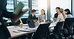Asian, partnership or business people in meeting talking for feedback, discussion or teamwork. Corporate, staff or investor speaking to professional employees for project, group or planning in Japan