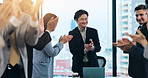 Business people, applause and success in office as group for contract, achievement and investment. Team, excited and partnership for deal, collaboration and meeting in project management or corporate