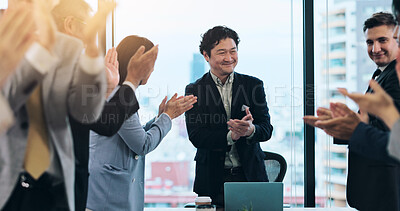Buy stock photo Business people, applause and success in office as group for contract, achievement and investment. Team, excited and partnership for deal, collaboration and meeting in project management or corporate