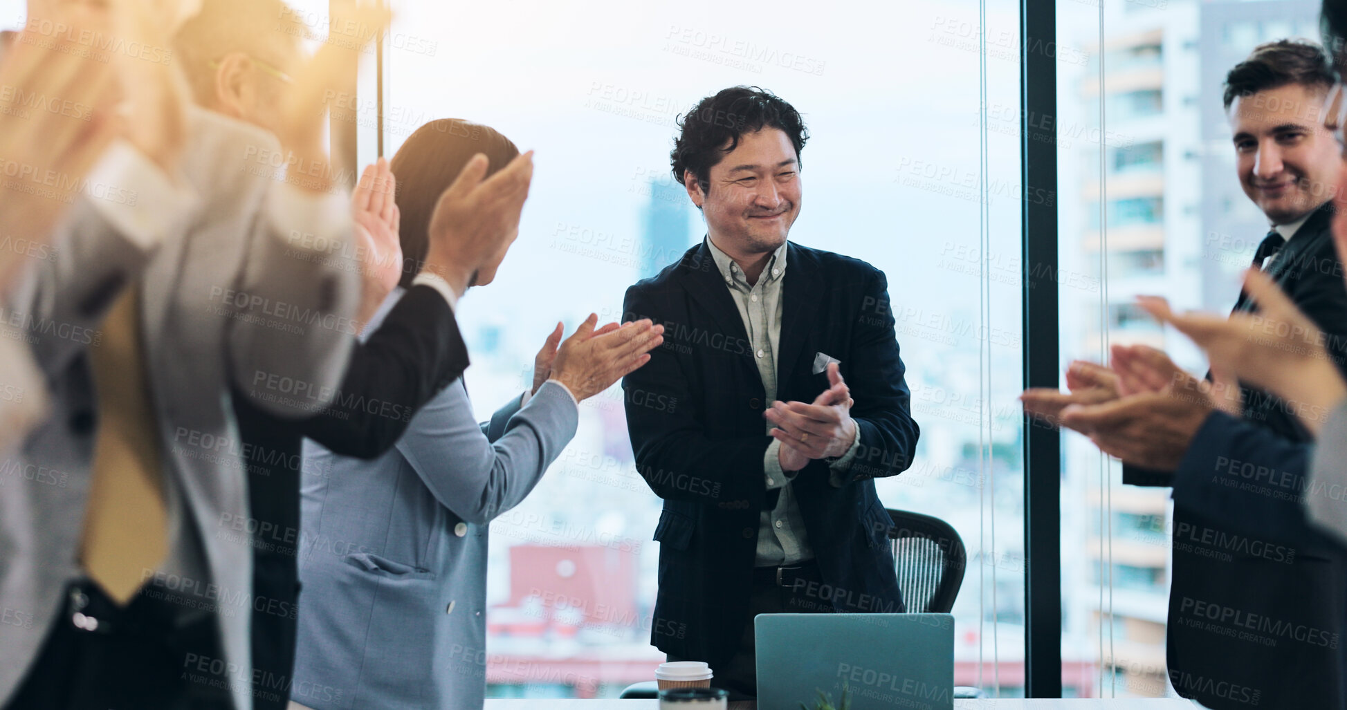 Buy stock photo Business people, applause and success in office as group for contract, achievement and investment. Team, excited and partnership for deal, collaboration and meeting in project management or corporate