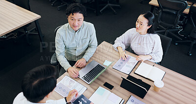 Buy stock photo Meeting, planning and documents with business people in Japanese office for proposal, workshop and teamwork. Credit approval, asset management and client review with above of branch manager in bank