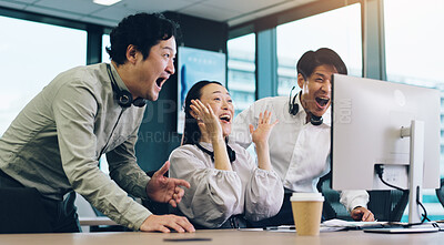 Buy stock photo Employees, call centre and computer celebration in office, sales target and excited for promotion or bonus. People, telemarketing success and team cheering in Japan, consultants and online victory