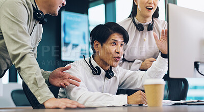 Buy stock photo Call center, business people and man with computer, teamwork and achievement in modern office. Group, employees or insurance agent with pc, kpi target and telemarketing with help desk, talk and Japan