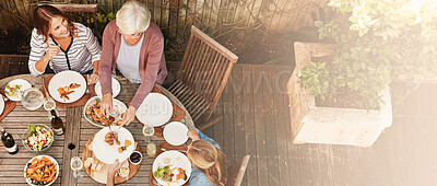 Buy stock photo Thanksgiving, celebration and above family with food, lunch together and home backyard. Grandmother, woman and child ready to eat chicken on holiday, festival and vacation for tradition and bonding