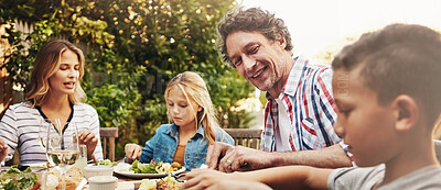 Buy stock photo Family, parents and children at patio lunch with smile, celebration or eating together in backyard. Mother, father and kids at table for outdoor garden picnic with food, chat and bonding on banner